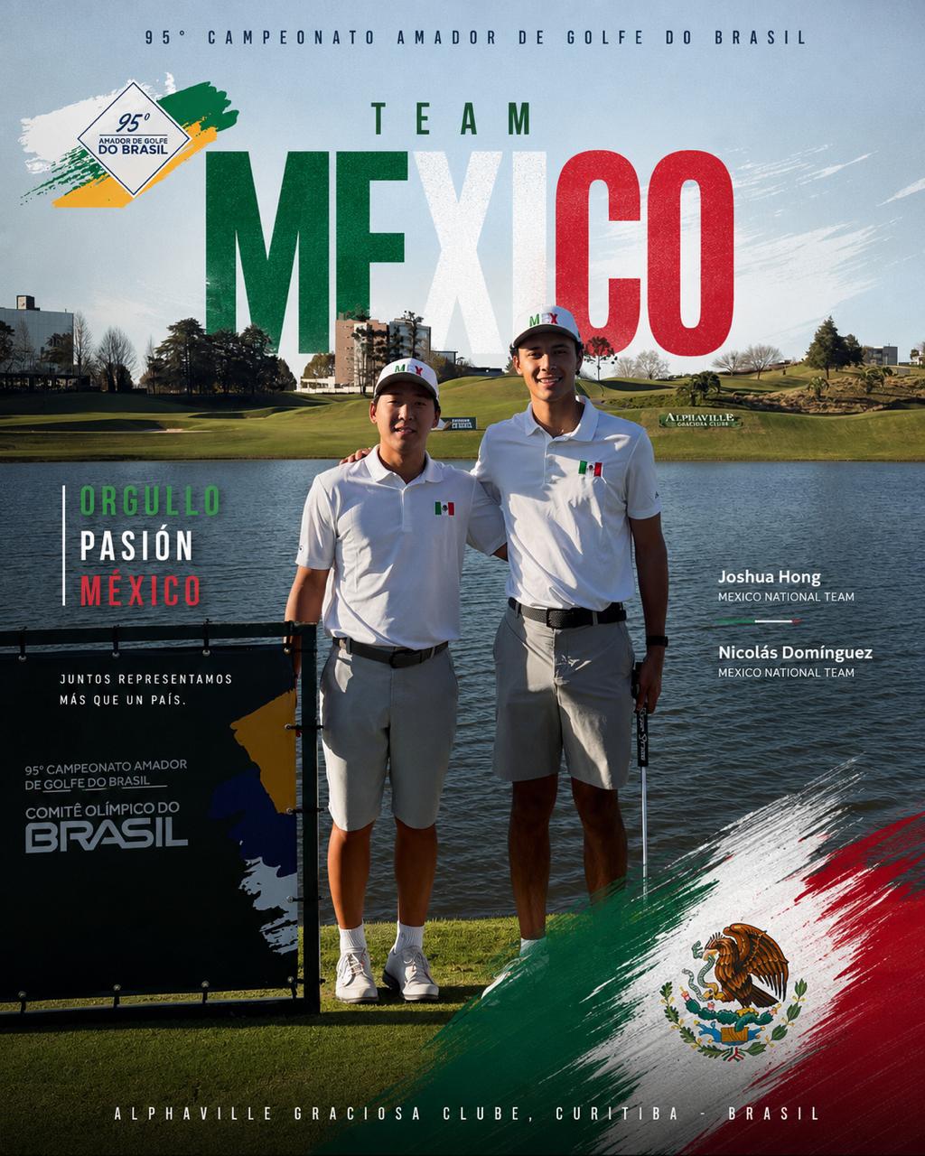 Joshua Hong and Nicolas Domínguez in FMG Mexico National Team uniforms at the 2026 Brazil Amateur Championship tournament venue.