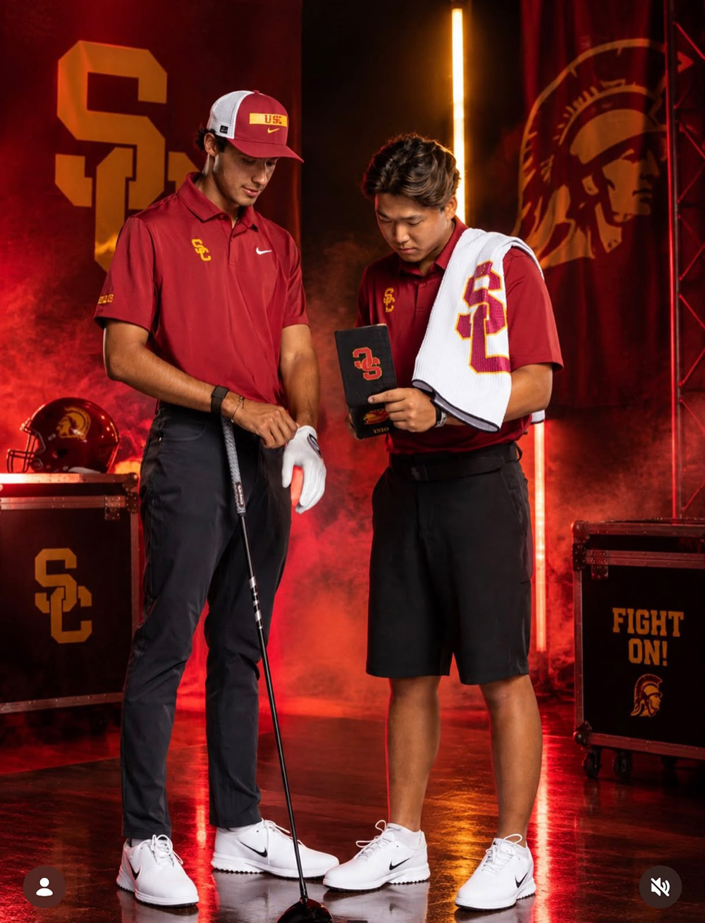 Joshua Hong and Nicolas Dominguez during the 2026 USC Men’s Golf media day.