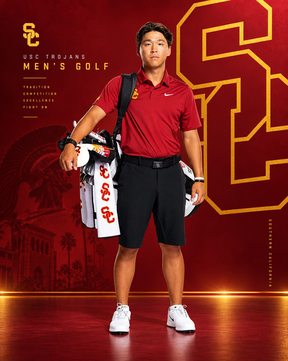 Joshua Hong with his golf bag during the 2026 USC Men’s Golf media day — USC Men’s Golf Media Day
